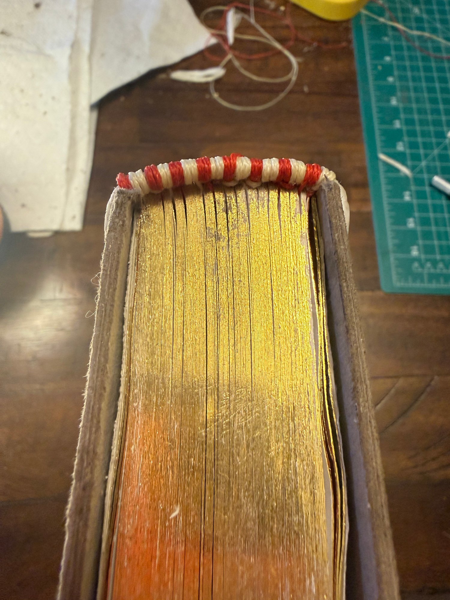 Head and fore-edge of the hand-bound edition of Ritual — burnished gilt edges with the fore-edge painting showing, and the sewing visible at the head of the text block