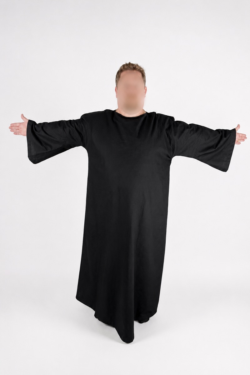Tau Robe, front view with arms extended, showing the bell sleeves