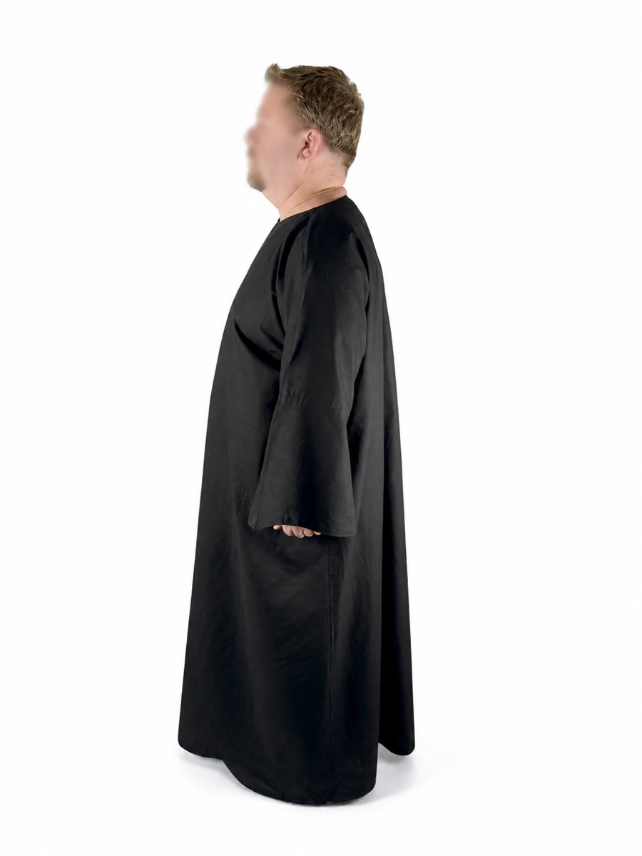Tau Robe, side profile showing drape and length
